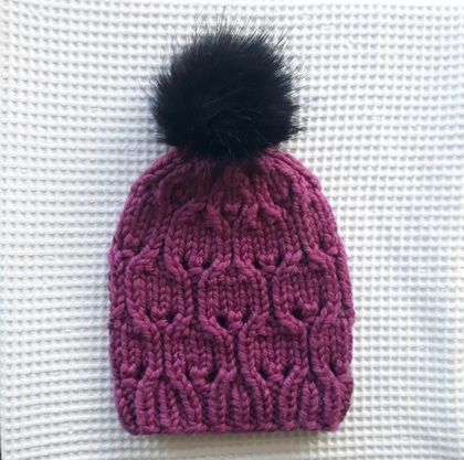 Park Pink Merino Hand Knitted Hat with Pom Pom